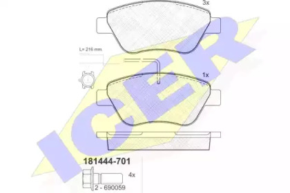 Комплект тормозных колодок, дисковый тормоз 181444-701 ICER - фото №1