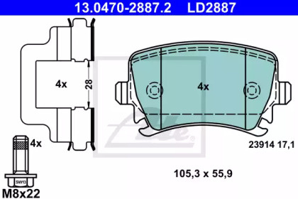 Комплект тормозных колодок, дисковый тормоз 13.0470-2887.2 ATE - фото №1